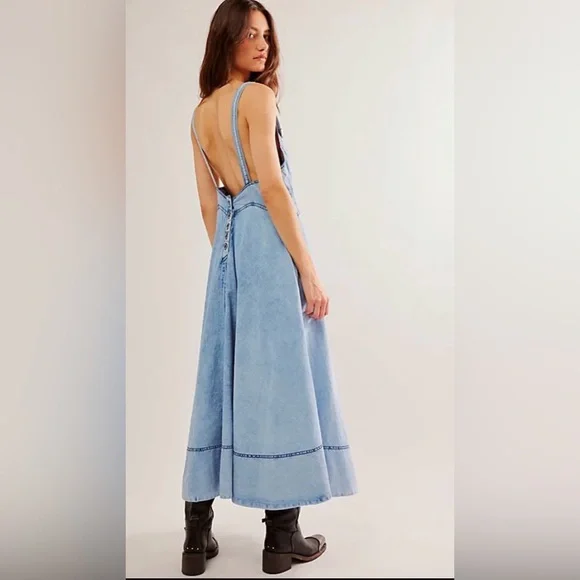 Free People Stars Align Midi Dress, Denim, Fit & Flare Dress, Blue, Size 4 - Picture 2 of 12